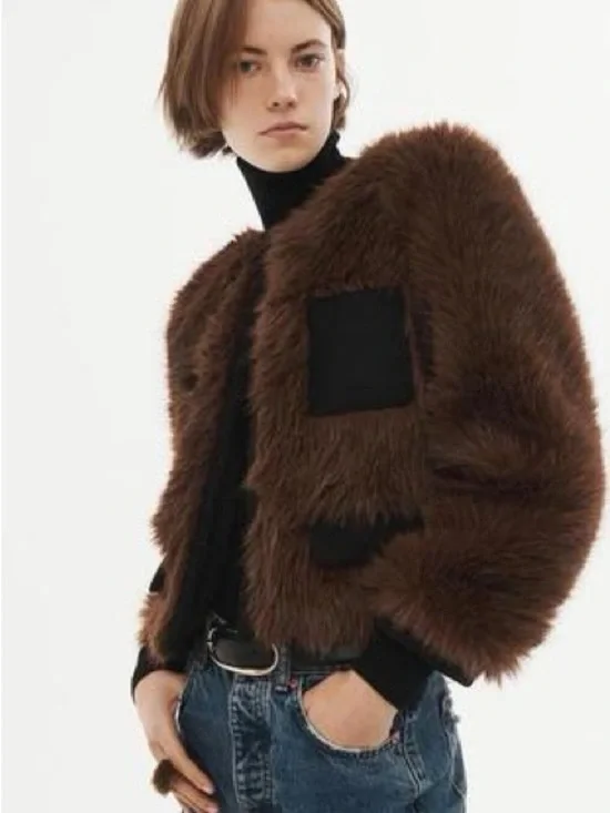 Zara Brown Faux Fur Bomber Jacket with Black Trim - Picture 2 of 6